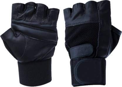 Gym Leather Gloves Black With Wrist Support